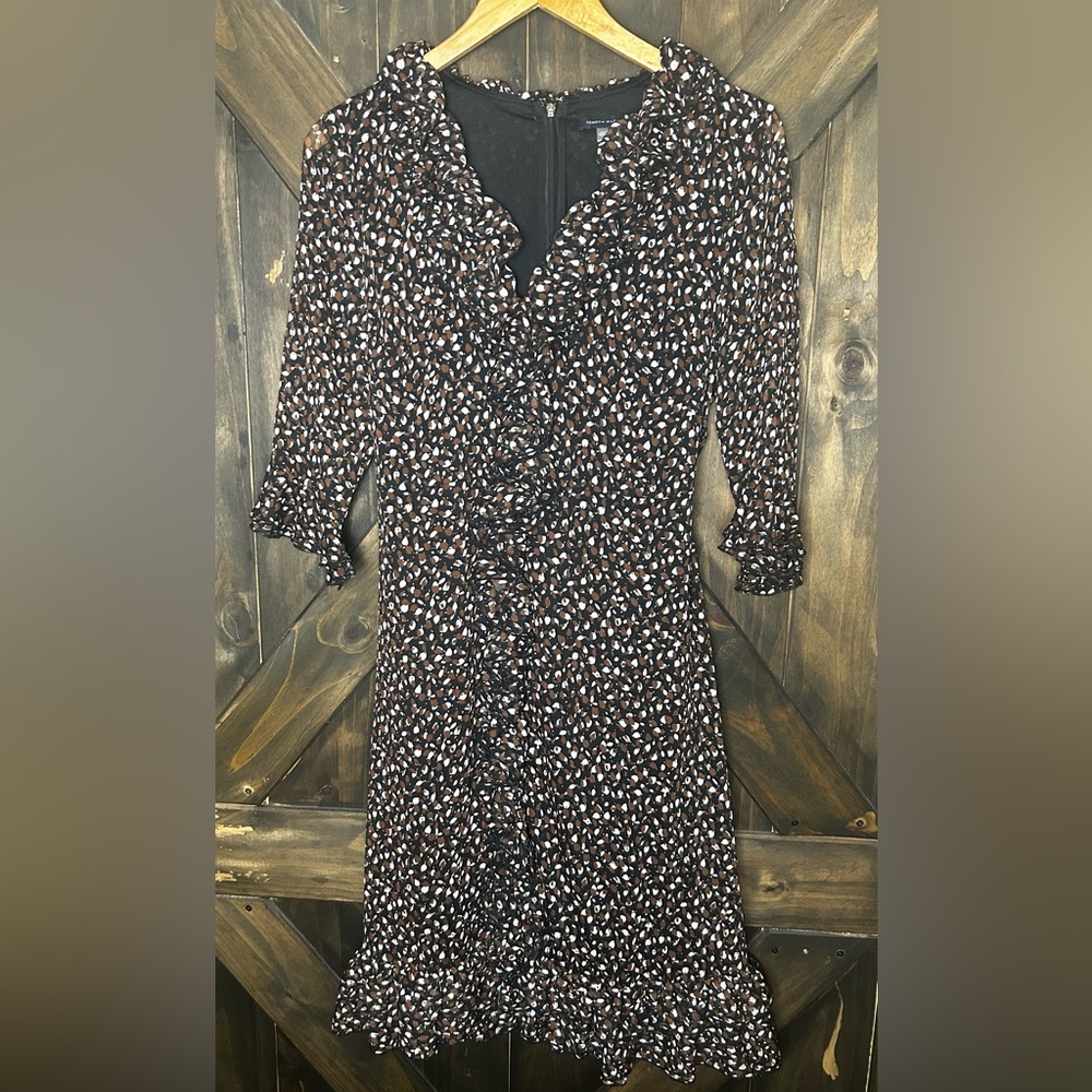 Tommy Hilfiger Brown Black Floral Ruffled 3/4 Sleeve Knee Length Dress Sz 6 NWOT